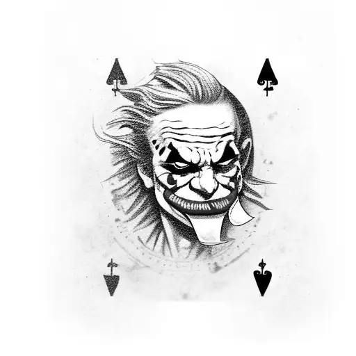 royal flush coming out of the top of a mask and a joker card in the mouth of the mask tattoo design idea