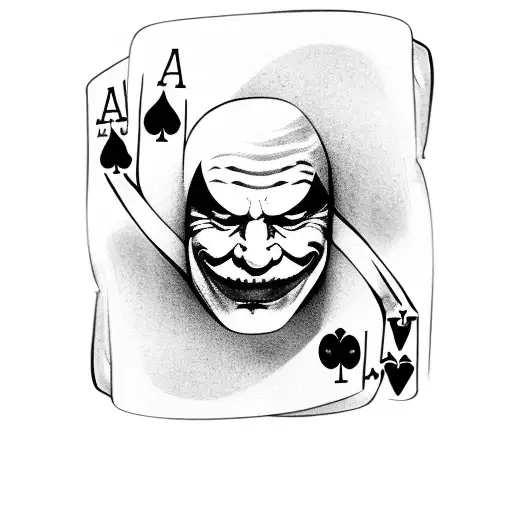 royal flush with a joker card and a mask mixed in tattoo design idea