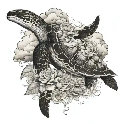 turtle with flowers with killer whale in the clouds jumping in the clouds above the turtles tattoo design idea