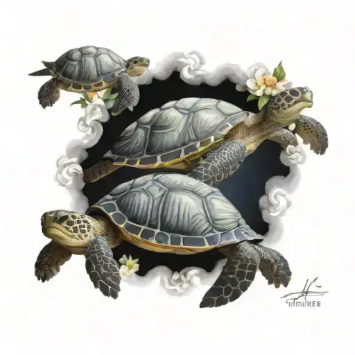 turtles with flowers the clouds forming the shape tattoo design idea