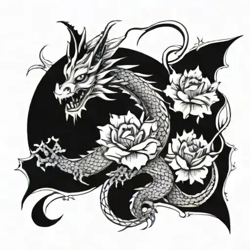 dragon with number 3 flowers tattoo design idea