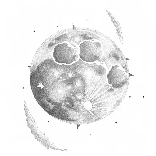 cloud left hand moon in the Center and a lightening star on right side tattoo design idea