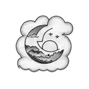 cloud left hand moon in the Center and a lightening star on right side tattoo design idea