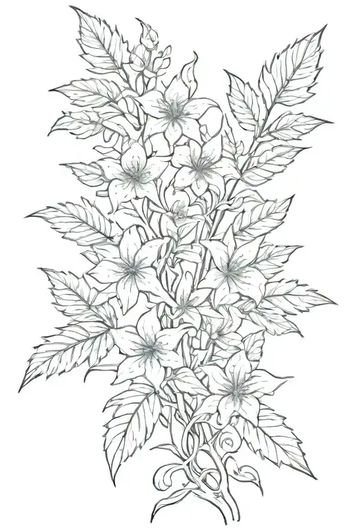 A sketch of a weed plant intertwined with vines and flowers tattoo design idea