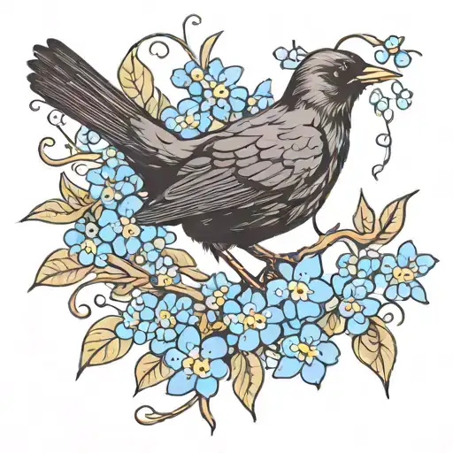 blackbird & forget me not branch tattoo design idea