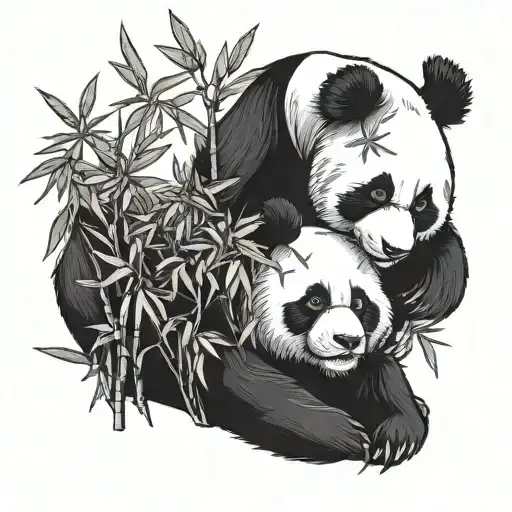 panda with baby in bamboo forest tattoo design idea