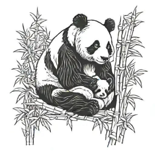 panda with baby in bamboo forest tattoo design idea