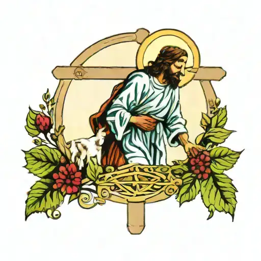 Jesus helping-- a man clothed in lamb skin-- carry a cross accented with fig leaves tattoo design idea