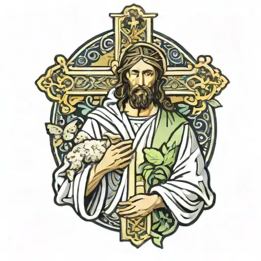 Jesus helping-- a man clothed in lamb skin-- carry a cross accented with fig leaves tattoo design idea