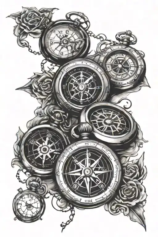3 pocket watches and a compass,  around the compass are the words love faith family honor,  Background is nautical tattoo design idea