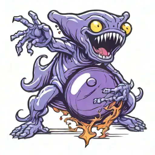 blue and purple alien rolling a bowling ball  , exploding bowling pins tattoo design idea