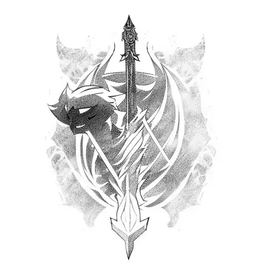 Anime-inspired dark fantasy scene with a powerful warrior wielding a sword tattoo design idea