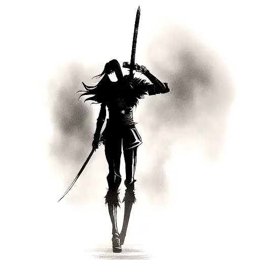 Anime-inspired dark fantasy scene with a powerful warrior wielding a sword tattoo design idea
