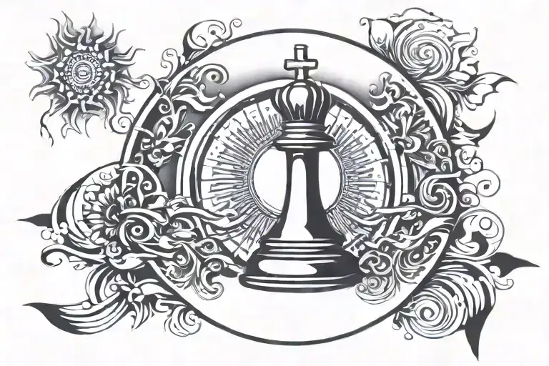 queen chess piece in center of sun tattoo tattoo design idea