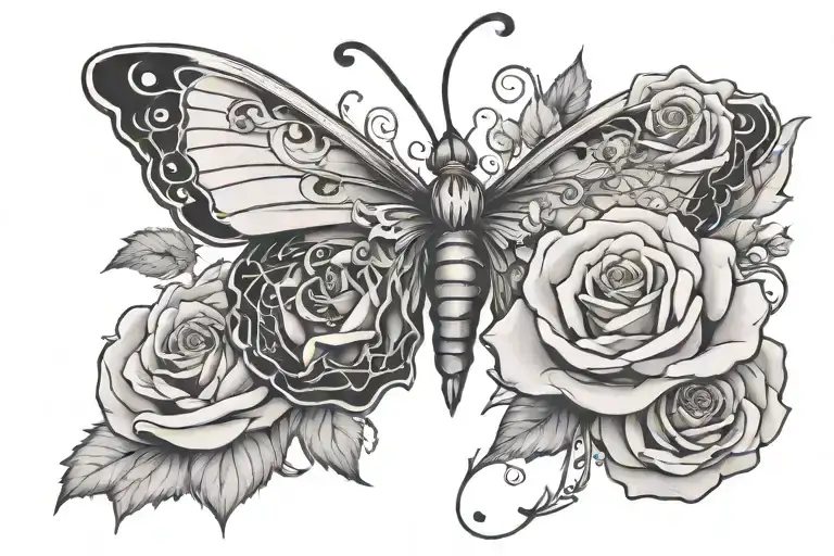 Blooming rose with a semicolon in the middle with butterfly wings on the sides of the semicolon tattoo design idea