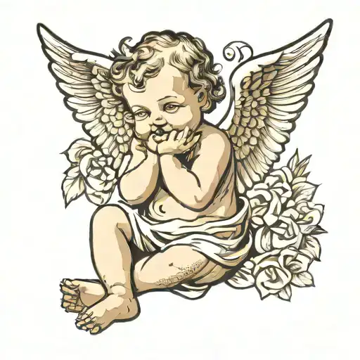 full body baby angel covering mouth whispering into ear  tattoo design idea