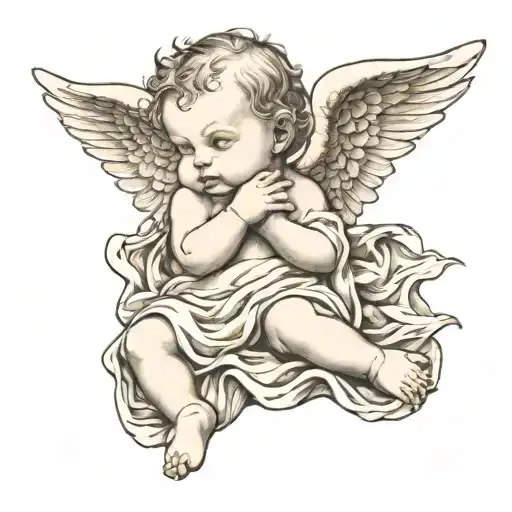 full body baby angel floating horizontally covering mouth whispering into ear on neck tat  tattoo design idea