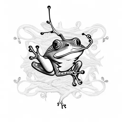 Guitar strings transforming into tree frog vines tattoo design idea