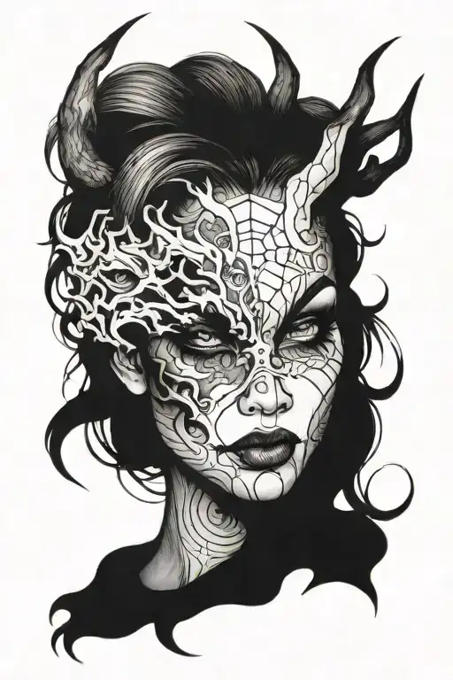 demon behind woman face tattoo design idea