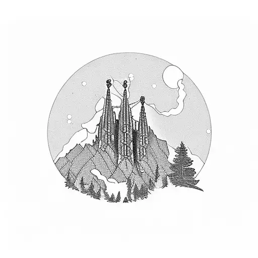 A silhouette of a hiker standing on a mountain peak with the Sagrada Familia in the background tattoo design idea