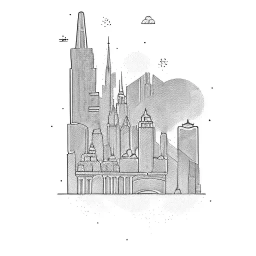 Vintage suitcase with European cityscape inside tattoo design idea