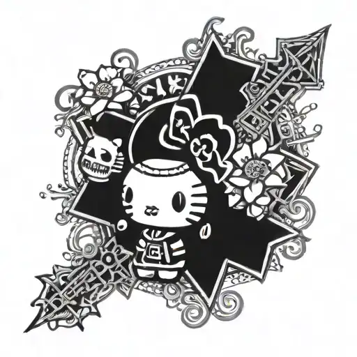 A fusion of Hello Kitty and metal music elements, incorporating crosses and skulls in a blackwork style tattoo design idea
