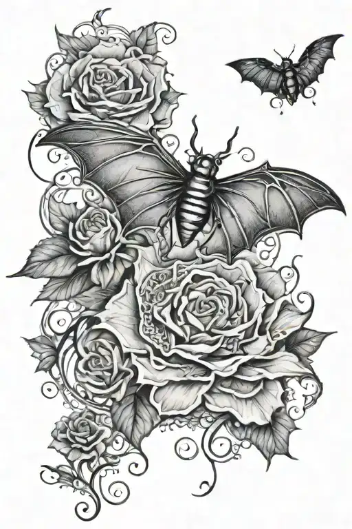 bat, lilith, spider web, black dahlia flower tattoo design idea