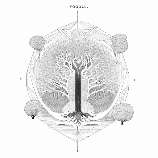 A geometric representation of Yggdrasil, the World Tree, with each branch representing a different aspect of life and knowledge tattoo design idea