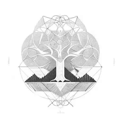 A geometric representation of Yggdrasil, the World Tree, with each branch representing a different aspect of life and knowledge tattoo design idea