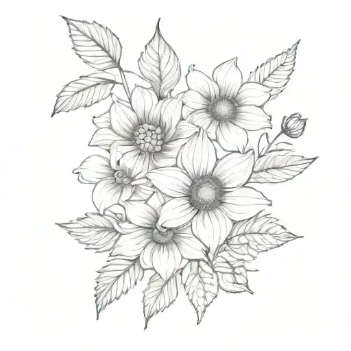 sunflower, rose, orchid and geranium bouquet tied tattoo design idea