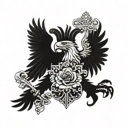 two-headed formidable eagle one body coat of arms of the Russian Empire in the Gothic style with black roses tattoo design idea