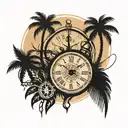 palm tree,clock,compass tattoo design idea
