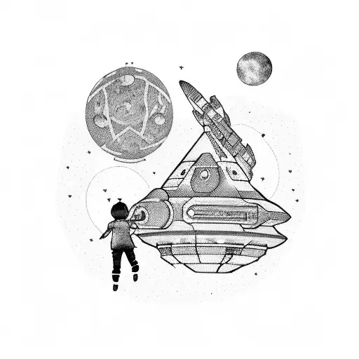 Three silhouettes of children playing with a spaceship in the background tattoo design idea
