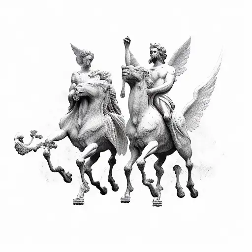 greek statues of two men riding winged horses tattoo design idea
