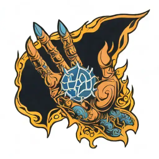 hand with a blue ey sign on fire tattoo design idea