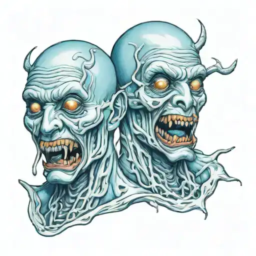 siamese twin head gore monster tattoo design idea