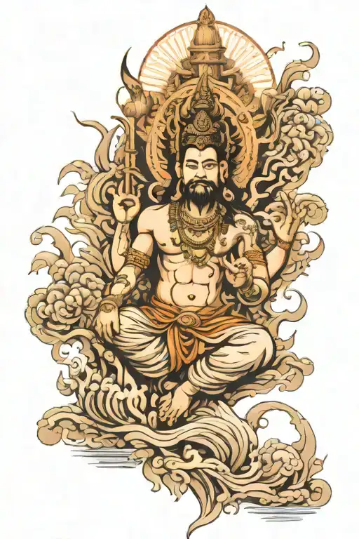 full sleeve tatoo including hindu god mahadev, maha mrityunjaya mantra, mountains, forest and rivers tattoo design idea