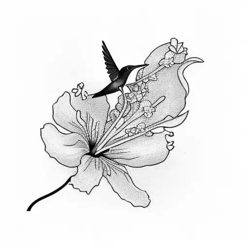A minimalist blackwork silhouette of a colibri gracefully perched on a blooming hibiscus tattoo design idea