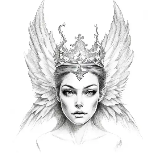right side angel wing and left side devil wing with crown in middle tattoo design idea