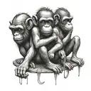 A modern interpretation of the three wise monkeys, each with a fishing-related twist, symbolizing the importance of balance and mindfulness in recovery tattoo design idea