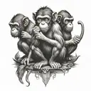 A modern interpretation of the three wise monkeys, each with a fishing-related twist, symbolizing the importance of balance and mindfulness in recovery tattoo design idea