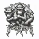 A modern interpretation of the three wise monkeys, each with a fishing-related twist, symbolizing the importance of balance and mindfulness in recovery tattoo design idea