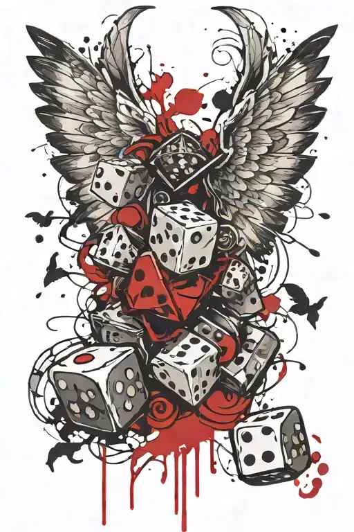 dice with wings and sword over a banner tattoo design idea
