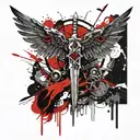 sword dice wings banner tattoo design idea