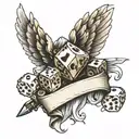 dice with wings and sword over a banner tattoo design idea