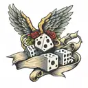 dice with wings and sword over a banner tattoo design idea
