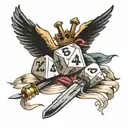 dice with wings and sword over a banner tattoo design idea
