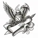 dice with wings and sword over a banner tattoo design idea