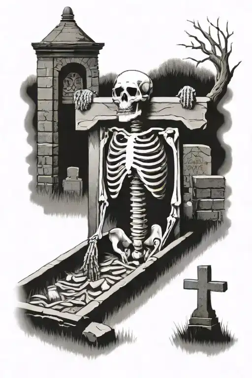 cemetery with a skeleton coming out of the grave tattoo design idea