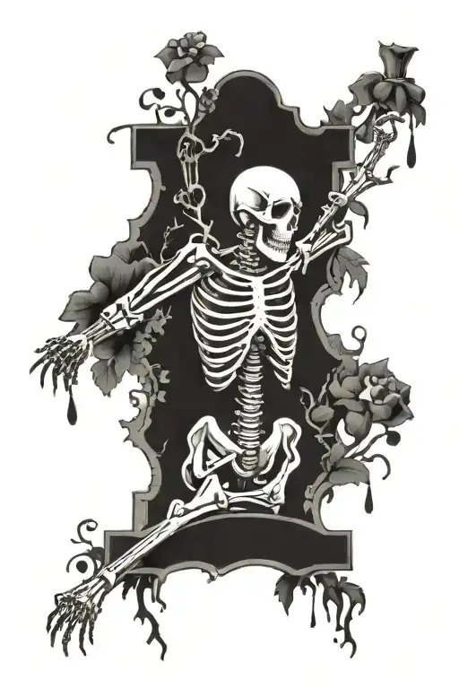 gravestone with a skeleton coming out of the grave tattoo design idea